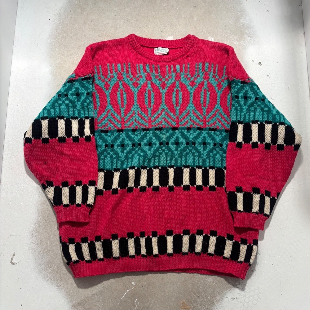 Vintage Benetton Pink Teal Geometric Shetland Wool Sweater Made in Italy